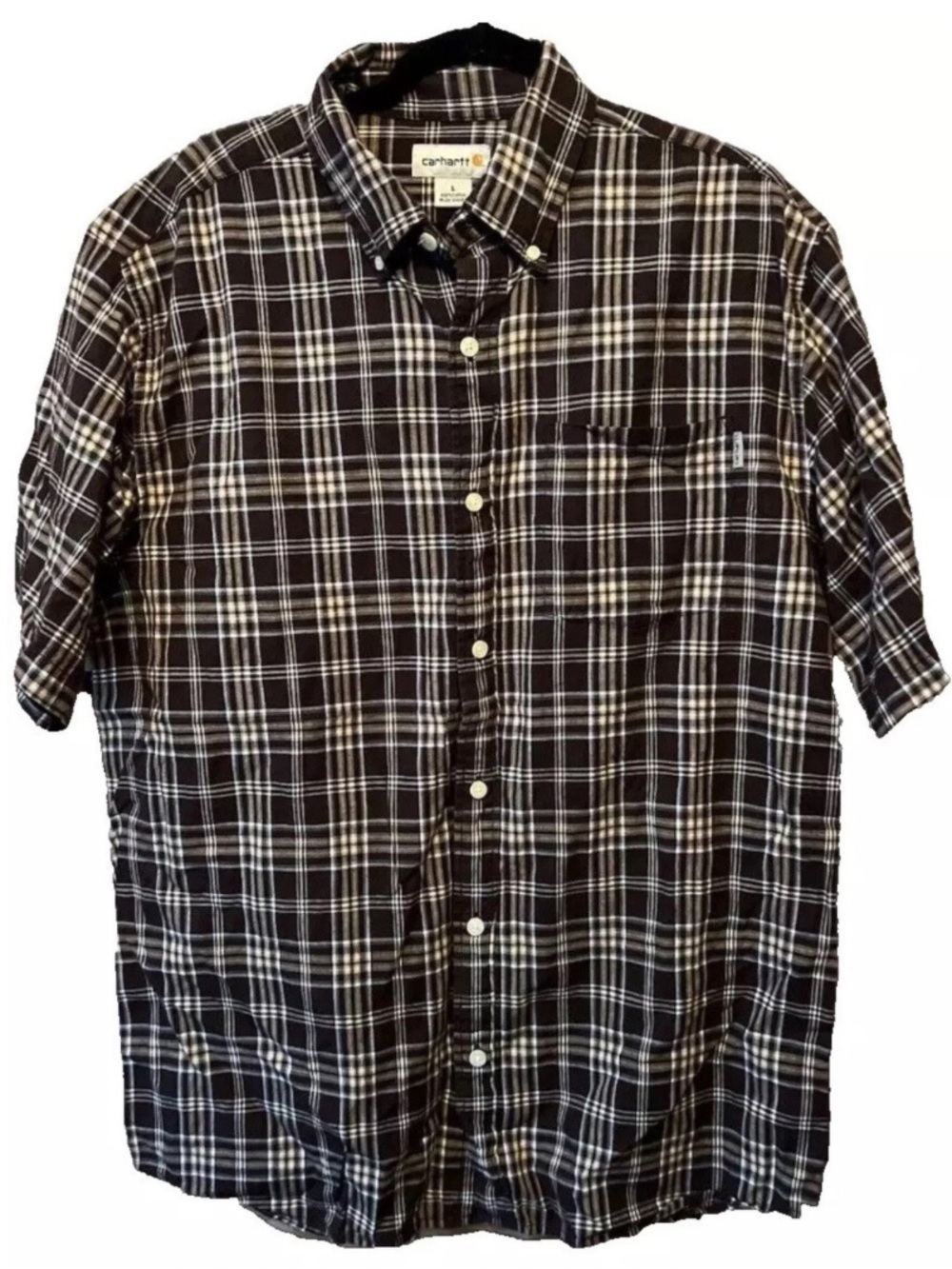Carhartt Men's Size Large Plaid Button Down Short Sleeve Shirt Brown White